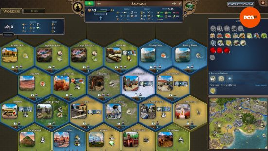 Millennia review: screenshot of a city and its various plantations, mills, and farms.