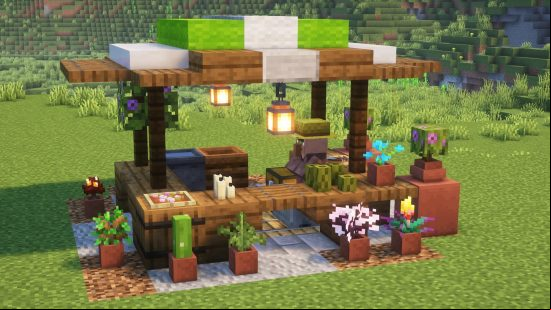 A villager stands inside a cute market stall, on of the best Minecraft build ideas.