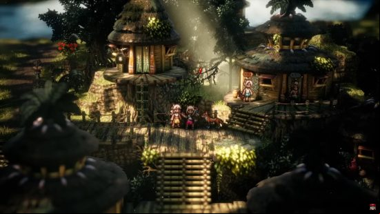 Best JRPGs: two humans stand in the middle of a forest town.