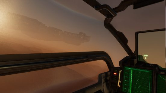 Remnant Protocol - A gameplay screenshot showing the view from inside a ship cockpit, where a giant battlecruiser can be seen in the near distance.