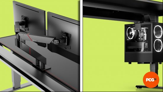 Secretlab Magnus Pro review images showing accessories attached to the desk both from above and below.