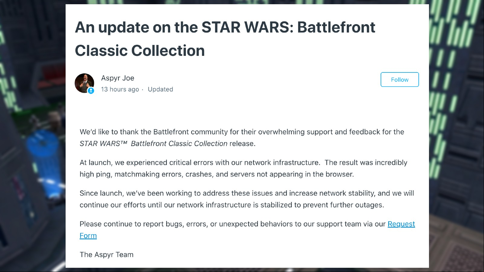 Developer Aspyr's response to disappointing Star Wars Battlefront Classic Collection launch