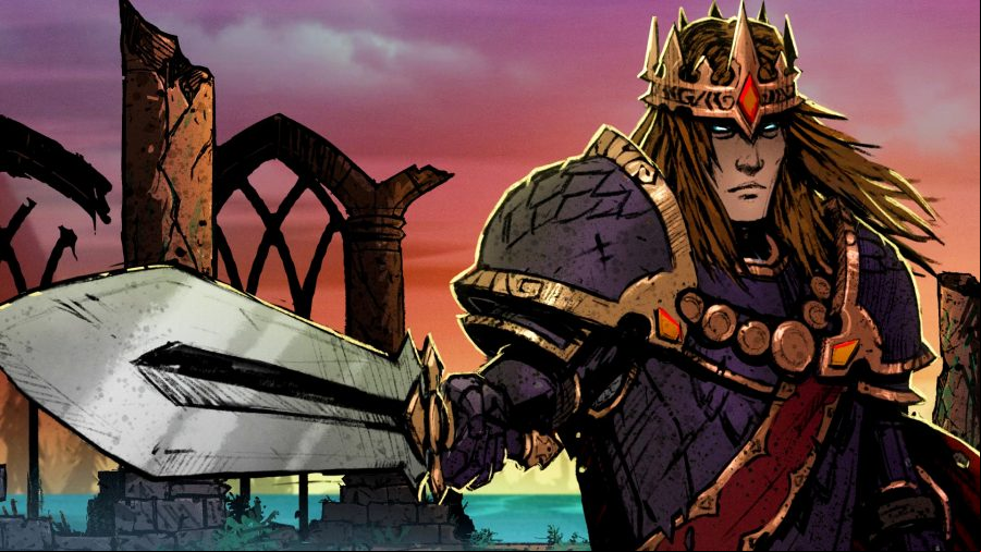 Sworn - A knight with long, brown hair wearing a ruby-set crown holds out a shortsword ahead of them.
