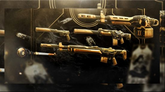 A set of black and gold weapons that make up the Fortune's Hand set of Valorant skins.