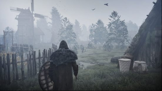 A misty scene in Bellwright where the player character stands in a rustic village, with birds flapping overheard.