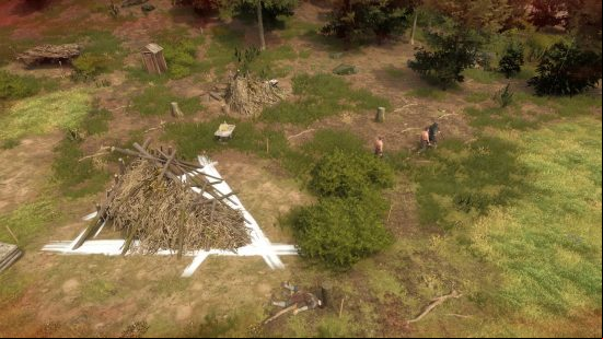 Bellwright early access review: top-down view of a battle with some bandits.