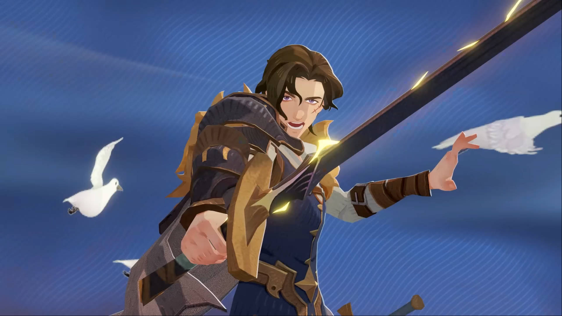 Best fantasy games: AFK Journey. Image shows a heroic figure with a sword near some birds in a screenshot from the game.