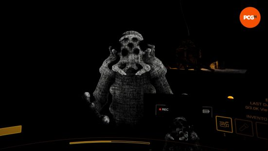 Larva, a large, grotesque, bug-like creature, and one of the Content Warning monsters, approaches the player.