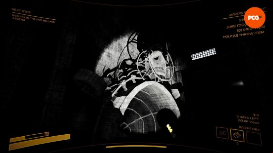 The player looks up at Weeeping, one of the Content Warning monsters, a metal iron maiden with a face and arms.
