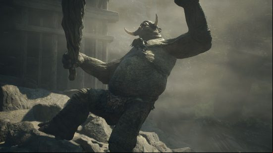 A giant cyclops is knocked off its feet by a tiny figure clambering up its body