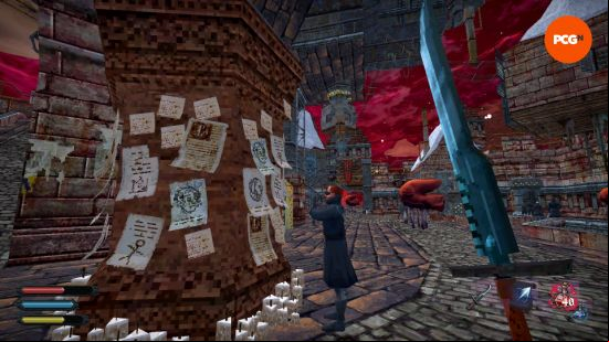 Dread Delusion review: a candle-lit mural covered in posters in a city street.