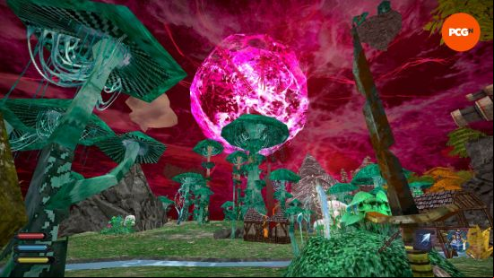 Dread Delusion review: a field of towering mushrooms set against a purple sky.