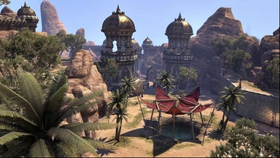The Sword-singer's Redoubt seen in ESO, an oasis among desert rocks, with spires dotted around.