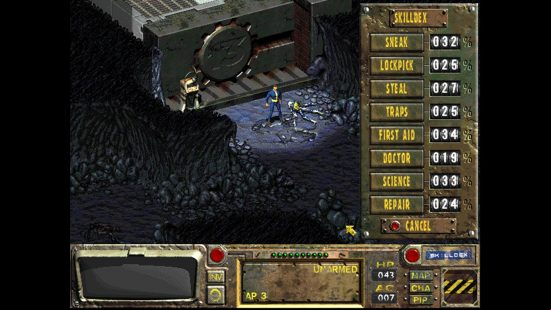 Best Fallout games: a top down view of a man as he emerges from an underground vault.