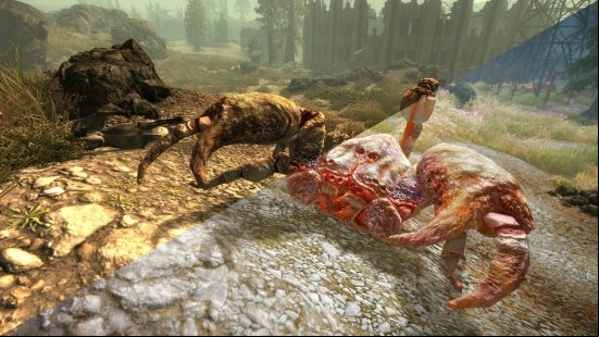 Chromatic Melancholy ENB, one of the best Fallout 3 mods, shown with improved lighting and colors on a Radscorpion in the wild.