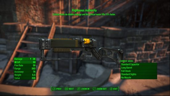 A close up of the Righteous Authority laser rifle in the inspect menu.