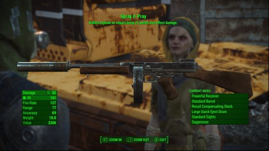  The best Fallout 4 weapons: A Close up of the Spray n' Pray SMG in the inspect menu. Cricket is seen in the background.