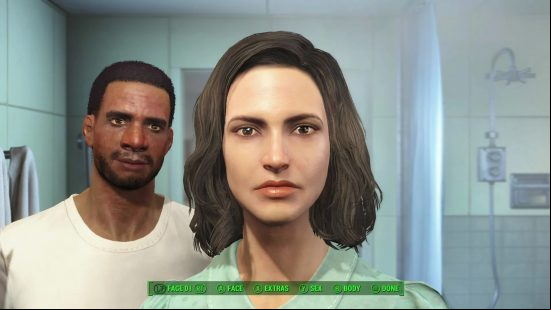 fallout-character Fallout 4 builds: a woman with shoulder length brown hair looks into a mirror.