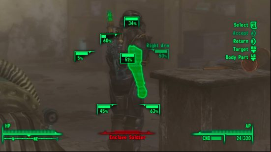 Fallout guide: the player is using the VATS system to bring up every body limb of the Enclave Soldier ahead of them.