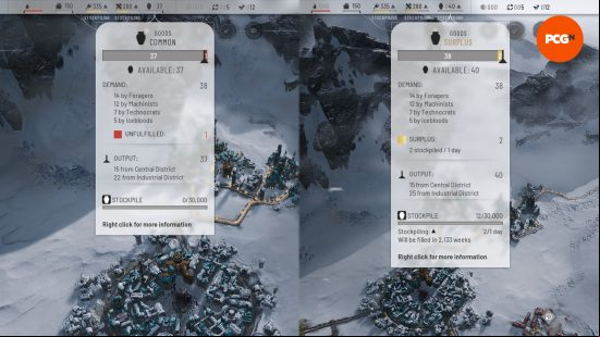 A split screen shows the different HUD displays when meeting and not meeting goods demand in Frostpunk 2, which can affect Heatstamps income.