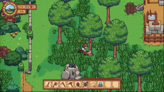 Games like Stardew Valley - a landlord chopping down a tree in Travellers Rest.