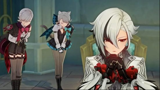 Arlecchino sits deep in thought as Lyney and Lynette stand behind her, all of whom are available to pull from banners following the Genshin Impact 4.6 release date.