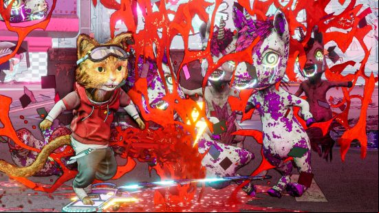 Gori, an orange cat on a hoverboard, glides through the aftermath of a unicorn slaughter.
