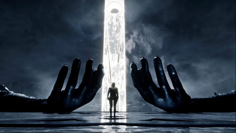 A non-descript digure stands before a pillar of white light in an otherworldly liminal space, flanked by two hands raised palm-up the cloudy sky.