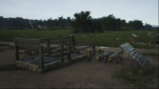 Manor Lords early access review: a small town being erected, wood being chopped, in the middle of a field.