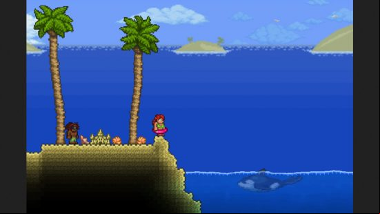 Terraria 1.4.5 update - Two players out at the edge of the ocean biome, where an orca swims in the water.