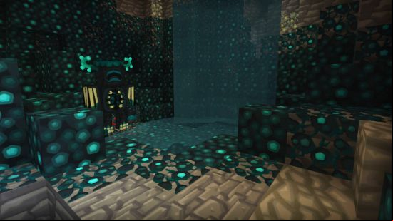 The Warden stands under a water fall, the blocks around it affected by VanillaBDCraft, one of the best Minecraft texture packs.