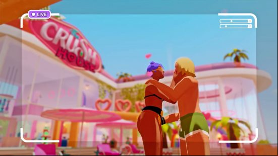Two castmates in swimming wear embrace one another on The Crush House patio.