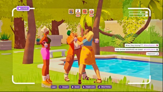 The camera records two castmates engaging in a slap-fight by the pool as another looks on, a scrolling feed of comments at the side of the screen.
