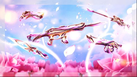 The pretty pink and gold Mystbloom Valorant skin set.