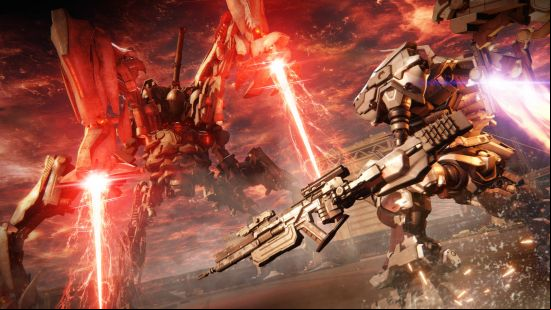 Best action games: two mechs stand to face off each other in Armored Core 6.