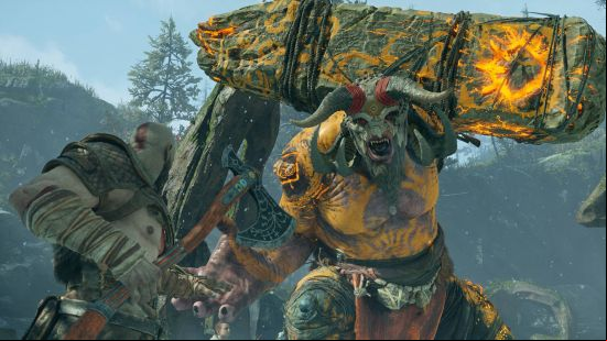 Best action games: Kratos faces off against a monster, holding a frost-covered axe in God of War.