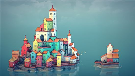 A colorful port town built vertically in Townscaper, one of the best building games.