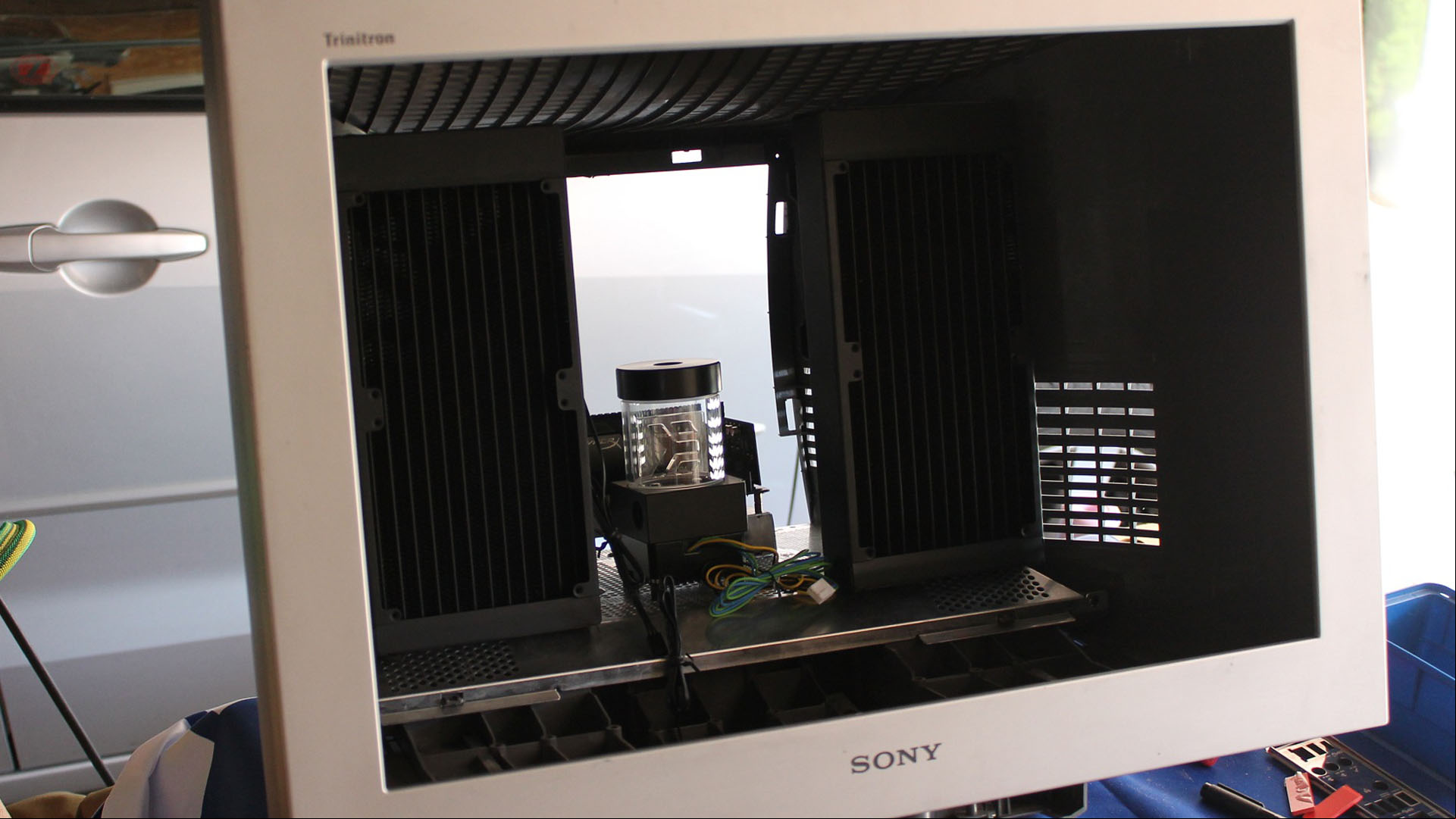 The inside of a CRT monitor prepared for a PC build