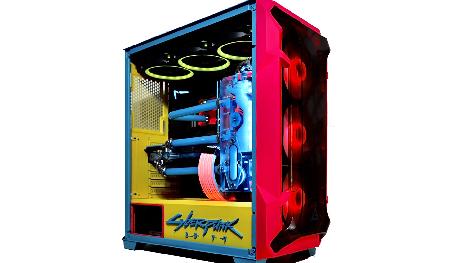 The Cyberpunk 2077 gaming PC with its side  off