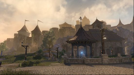 A scene from the High Isle chapter of ESO, looking over a city among the mountains.