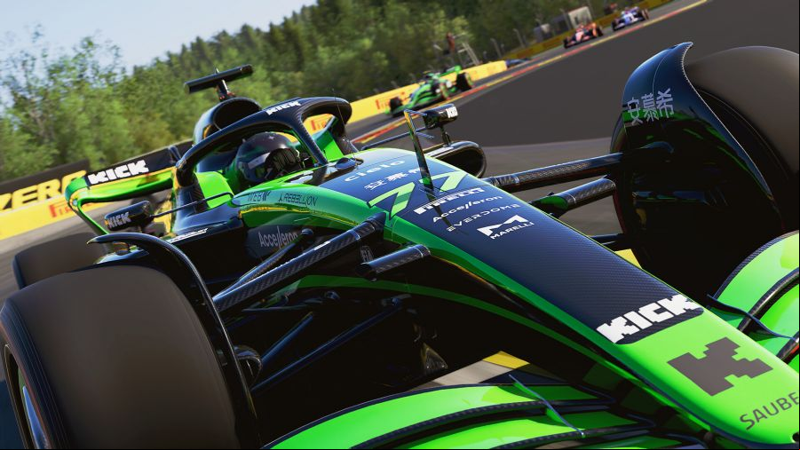 F1 24: A green and black race car rounds a corner on a track