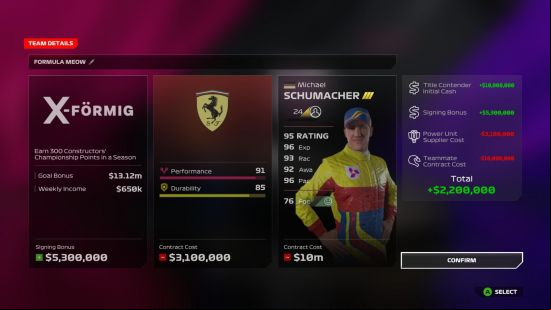 F1 24 review: The player makes MyTeam choices with regards to sponsor, engine, and their teammate, Michael Schumacher.