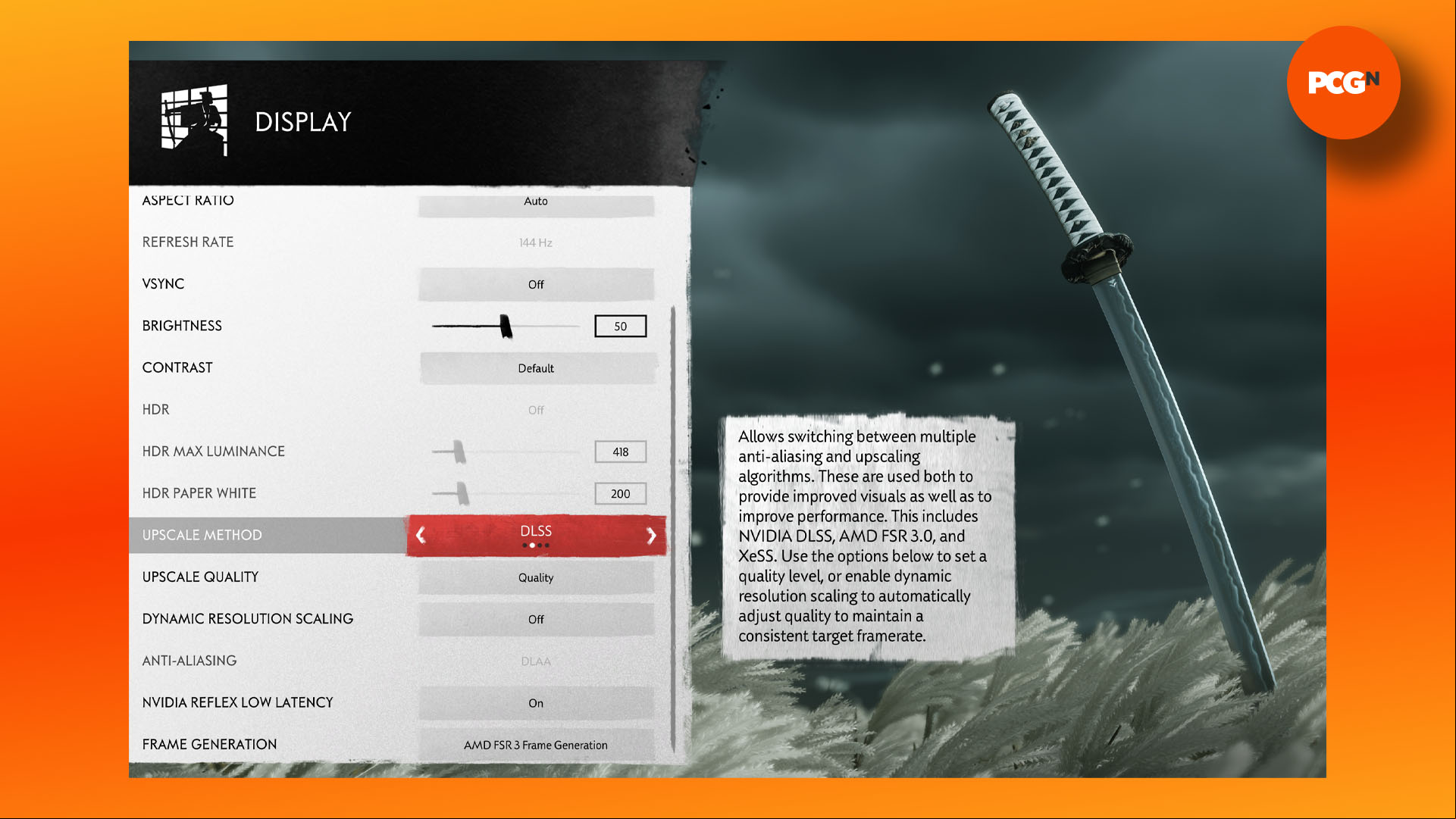 Ghost of Tsushima just revolutionized gaming on older Nvidia RTX GPUs: Graphics menu with DLSS upscaling and FSR frame generation enabled