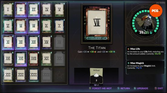Hades 2 Arcana cards: the upgrade screen for using M-Dust and other resources to buff the cards.