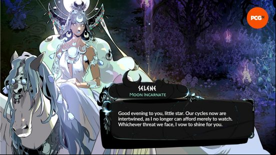 One of Selene's voice lines, played by Sarah Grayson in the Hades 2 cast, written on screen as it spoken.