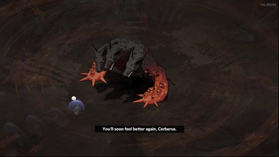 Hades 2 bosses: an overhead view of a giant dog-like monster with three heads.