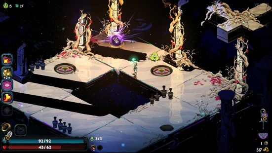 hades-2-chaos-darkness Hades 2 Darkness: a small humanoid woman stands in an alternate realm, on a platofmr surrounded by darkness.