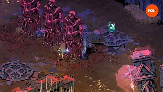 Melinoe is standing next to a Hades 2 Glassrock vein in the Mourning Fields.