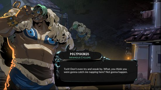 Hades 2 bosses: a huge cyclops, picking his teeth clean.