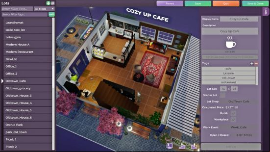 The Life by You mods editor showing the layout of the Cozy Up Cafe, one of the custom businesses.